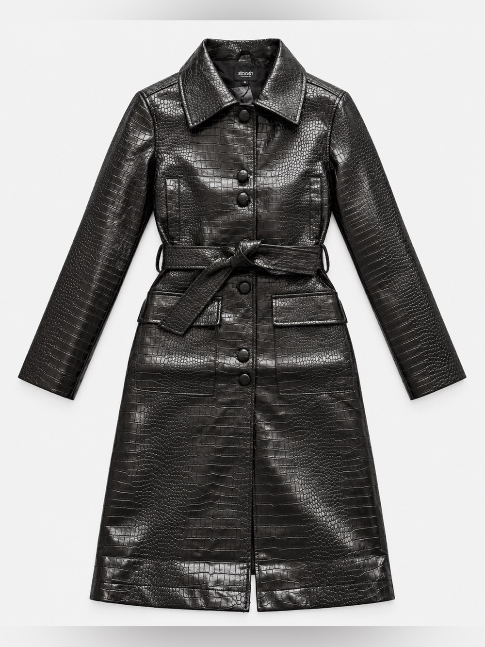 STCOSH Black Croc Embossed Faux Leather Belted Trench Coat Size S NWT